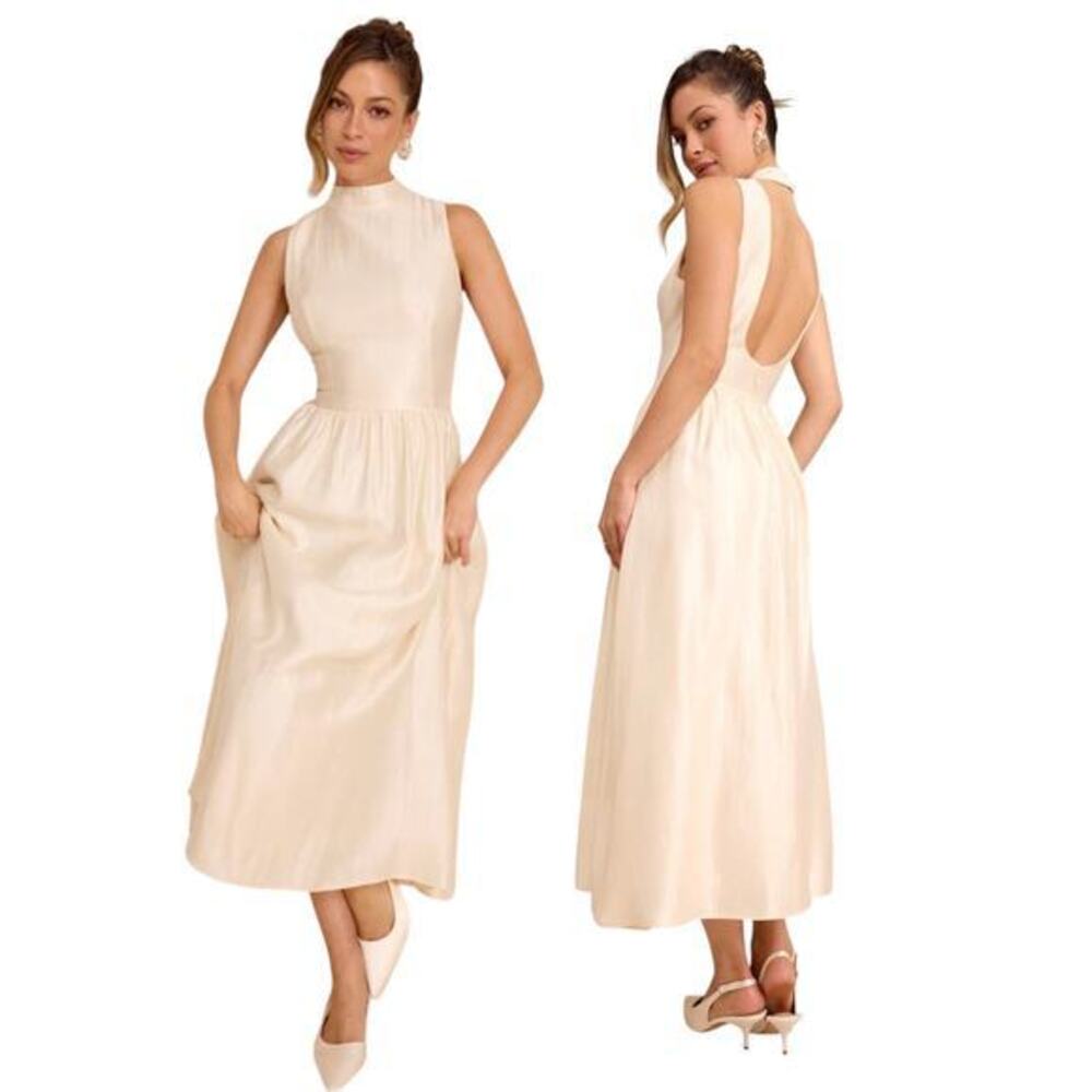 Lulus Rivia Ivory Mock Neck Cutout Midi Dress size XL NWT